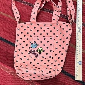 Pink Cat Print Canvas Tote with Cute Patches